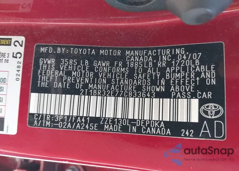 2007 Toyota Corolla Ce from USA, damaged, VIN 2T1BR32E77C833643